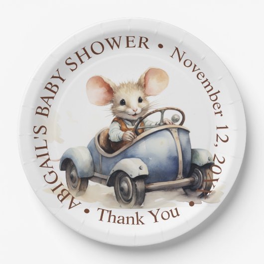 Niedliche Aquarellmäuse in Blue Car Babydusche Pappteller (Vorderseite)