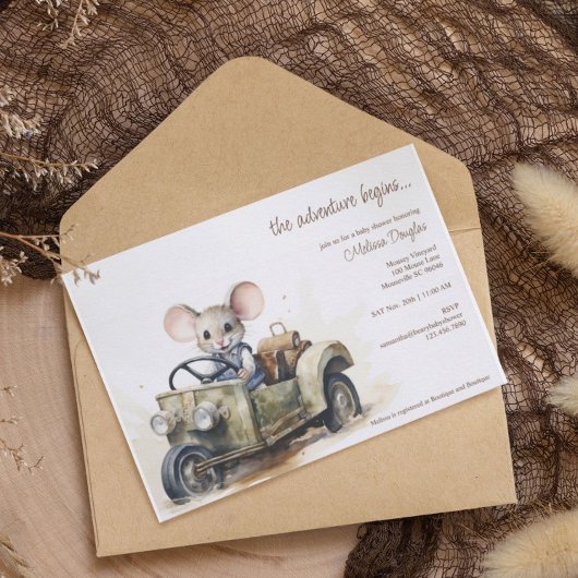 Niedliche Aquarellmäuse in Green Car Baby Dusche Einladung