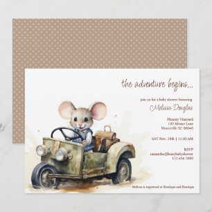 Niedliche Aquarellmäuse in Green Car Baby Dusche Einladung