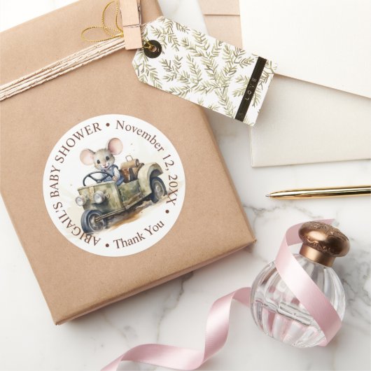 Niedliche Aquarellmäuse in Green Car Baby Dusche Runder Aufkleber (Schenken)