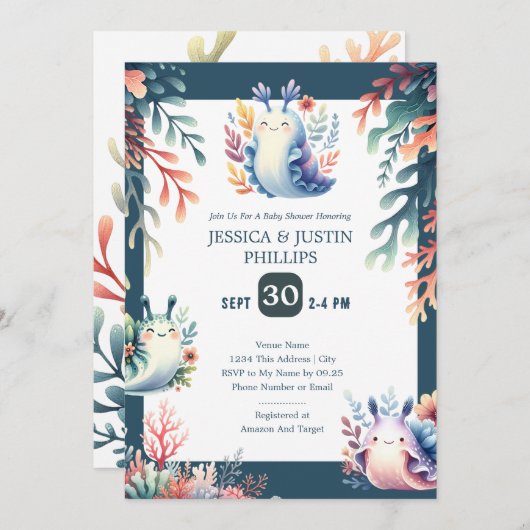 Niedliche Aquarellmeersauger Ocean Baby Dusche Einladung (Vorne/Hinten)