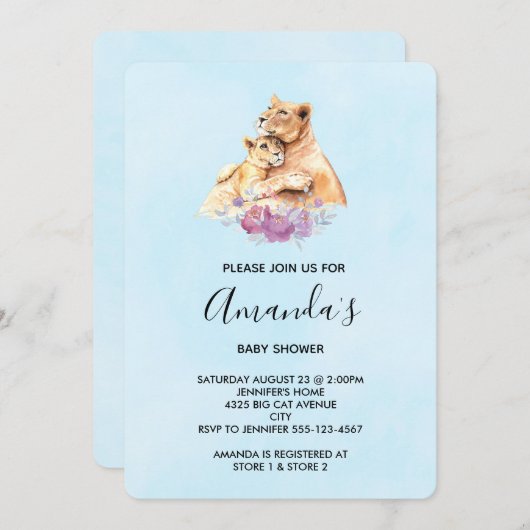 Niedliche Aquarellmütter mit Löwe- und Cub-Babydus Einladung (Vorne/Hinten)