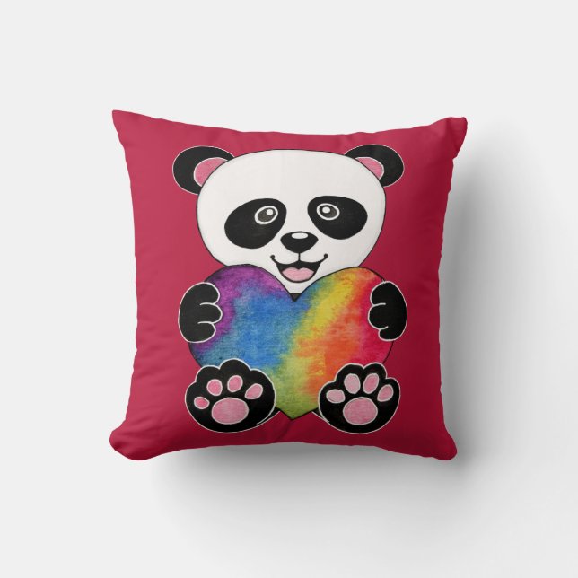Niedliche Aquarellpanda mit Regenbogenherz Kissen (Vorderseite)