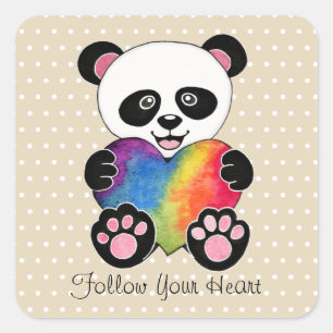 Niedliche Aquarellpanda mit Regenbogenherz Quadratischer Aufkleber