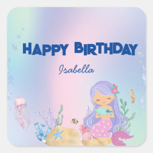 Niedliche Aquarellpaste Mermaid Rainbow Birthday Quadratischer Aufkleber