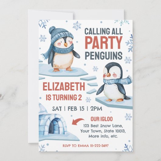 Niedliche Aquarellpinguin Einladung zum Geburtstag (Vorderseite)