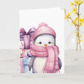 Niedliche Aquarellpinguine in Rosa mit Geschenken Karte (Gelbe Blume)