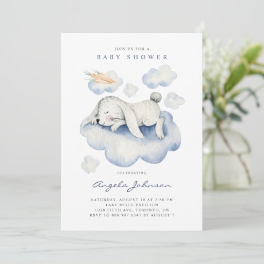 Niedliche Aquarellschläfer Baby Kaninchen Babydusc Einladung (Stehend Vorderseite)