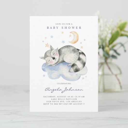 Niedliche Aquarellschläfer Baby Raccoon Babydusche Einladung (Stehend Vorderseite)