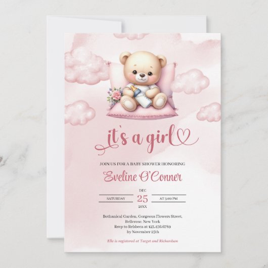 Niedliche Aquarellschläfer Bär ist ein Mädchen Einladung (Vorderseite)