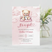 Niedliche Aquarellschläfer Bär ist ein Mädchen Einladung (Stehend Vorderseite)