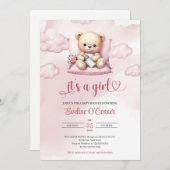 Niedliche Aquarellschläfer Bär ist ein Mädchen Einladung (Vorne/Hinten)