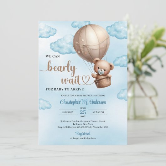 Niedliche Aquarellteddy Bär Heißluftballon Einladung (Stehend Vorderseite)