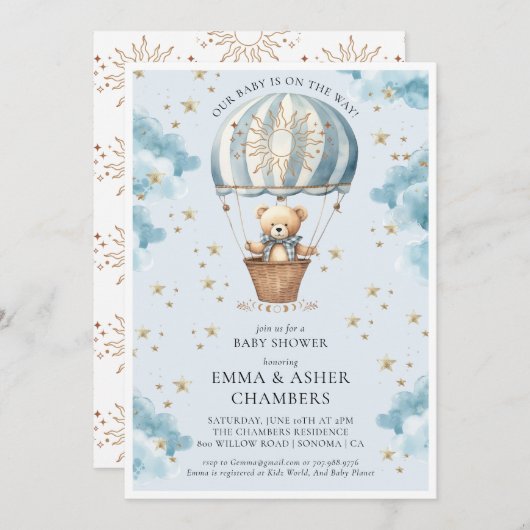 Niedliche Aquarellteddy Bären Ballon Blue Baby Dus Einladung (Vorne/Hinten)