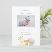 Niedliche Aquarelltiere Baby Boy Foto Geburt Ankündigung (Stehend Vorderseite)