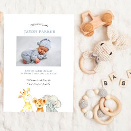 Niedliche Aquarelltiere Baby Boy Foto Geburt Ankündigung