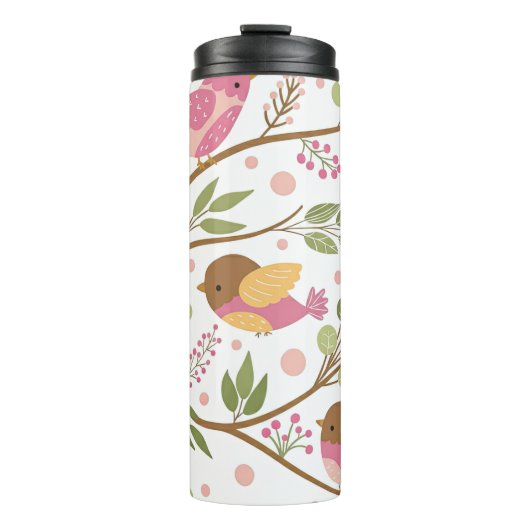 Niedliche Aquarellvögel und Rosa Florals Thermosbecher (Vorderseite)
