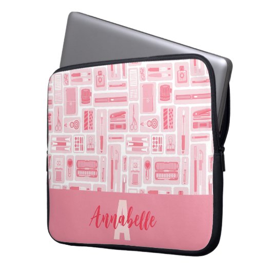 Niedliche Art liefert rosa Muster Monogramm Laptopschutzhülle (Vorderseite Links)