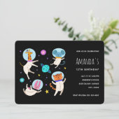 Niedliche Astronautentiere schweben zum Geburtstag Einladung (Stehend Vorderseite)