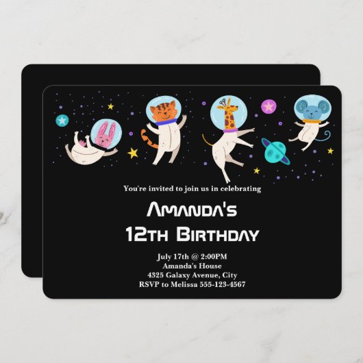 Niedliche Astronautentiere schweben zum Geburtstag Einladung (Vorne/Hinten)