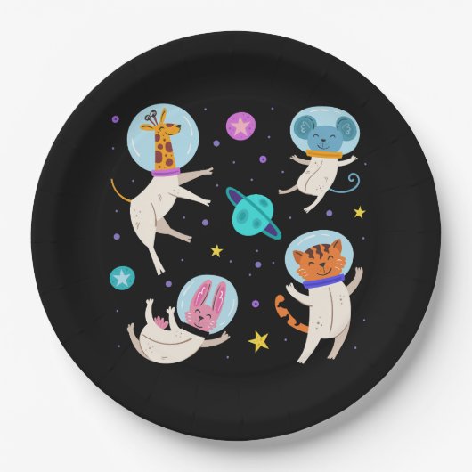 Niedliche Astronautentiere schwimmen im Weltraum Pappteller (Vorderseite)