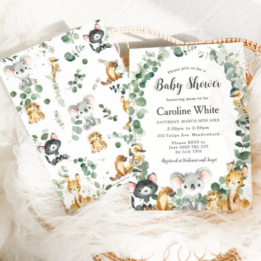 Niedliche australische Animals Greenery Baby Dusch Einladung