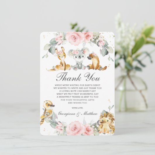 Niedliche australische Tiere Rosa Blumengrün Dankeskarte (Stehend Vorderseite)