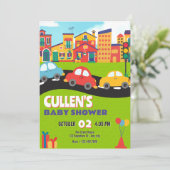 Niedliche Autos Babydusche Einladung (Stehend Vorderseite)