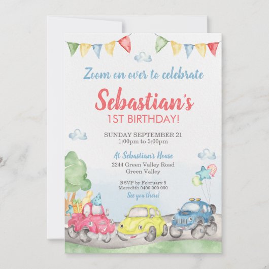 Niedliche Autos Einladung zum Geburtstag (Vorderseite)