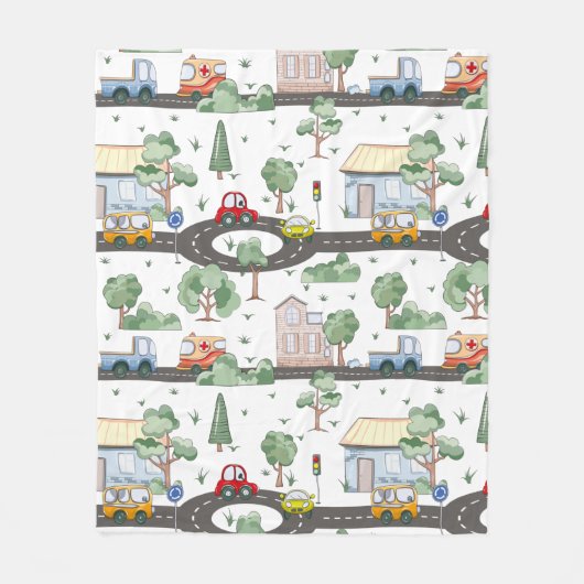 Niedliche Autos im Stadtmuster für kleine Jungen Fleecedecke (Vorderseite)