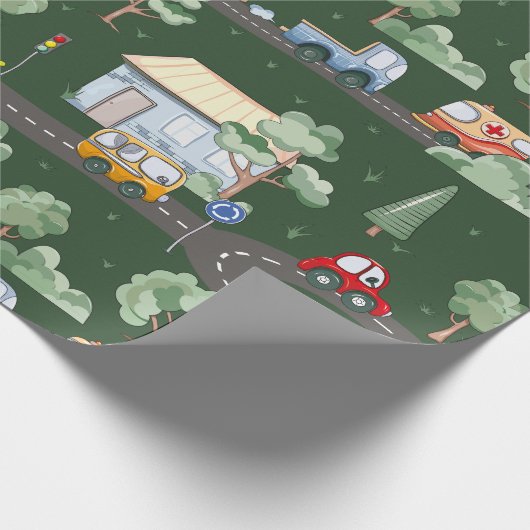 Niedliche Autos im Stadtmuster für Kleine Jungen G Geschenkpapier (Ecke)