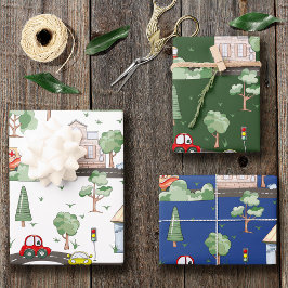 Niedliche Autos im Stadtmuster für kleine Jungen Geschenkpapier Set