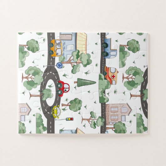 Niedliche Autos im Stadtmuster für kleine Jungen Puzzle (Horizontal)