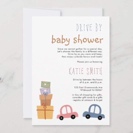 Niedliche Autos und Geschenke Drive by Baby Dusche Einladung (Vorderseite)