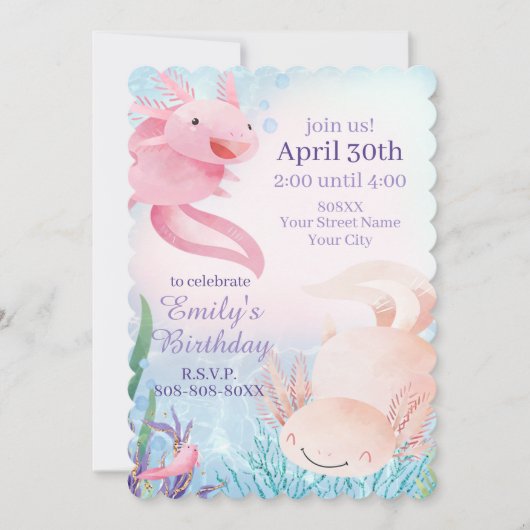 Niedliche Axolotls unter der Party Einladung (Vorderseite)