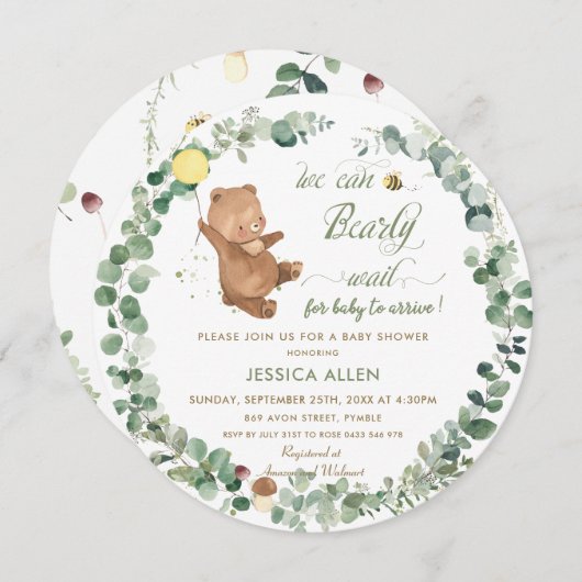 Niedliche Baby Bear Greenery Gender Neutral Baby D Einladung (Vorne/Hinten)