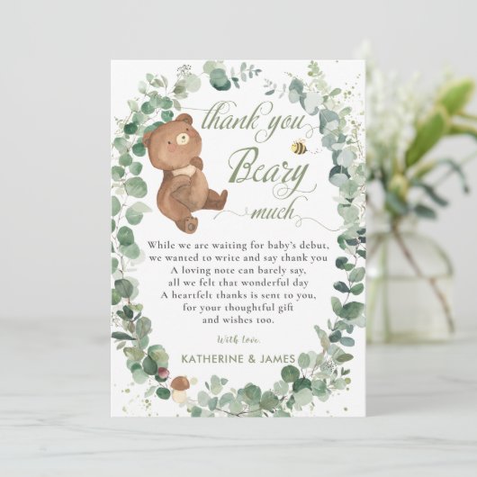 Niedliche Baby Bear Greenery Gender Neutrale Dusch Dankeskarte (Stehend Vorderseite)