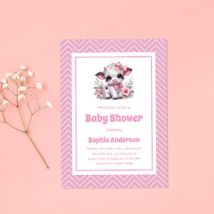Niedliche Baby Cow Girl Babydusche - Rosa Blumenfa Einladung