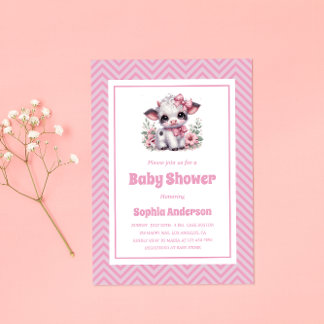 Niedliche Baby Cow Girl Babydusche - Rosa Blumenfa Einladung