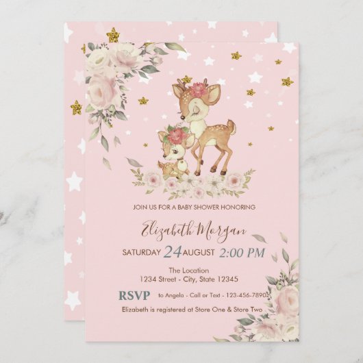 Niedliche Baby Deer Blume, Stars Babydusche Einladung (Vorne/Hinten)