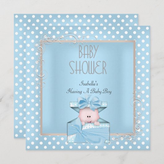 Niedliche Baby Dusche Blue White Polka Dots Einladung (Vorne/Hinten)