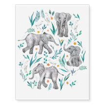 Niedliche Baby-Elefanten und Vögel