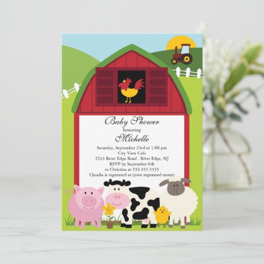 Niedliche Baby Farm Animals Kinderdusche Einladung (Stehend Vorderseite)
