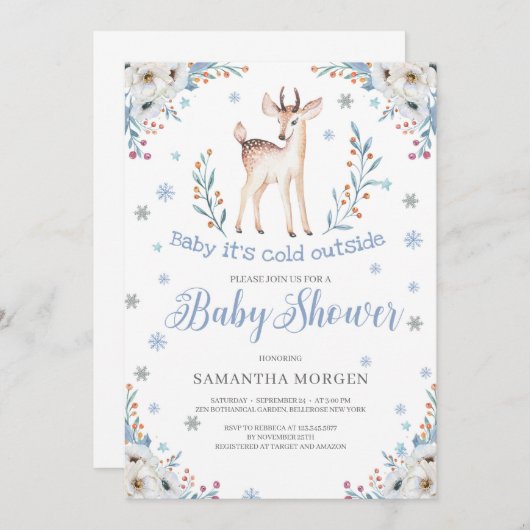 Niedliche Baby-Hirsch-Winterblütendusche Einladung (Vorne/Hinten)