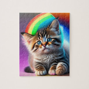 Niedliche Baby-Katze mit Regenbogen und Neonbeleuc Puzzle