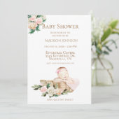 Niedliche Baby-Körbe Blumenmuster Pink Baby-Dusche Einladung (Stehend Vorderseite)