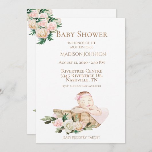 Niedliche Baby-Körbe Blumenmuster Pink Baby-Dusche Einladung (Vorne/Hinten)