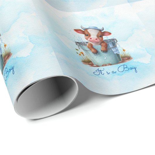 Niedliche Baby Kuh in Eimer Blue Baby Dusche Ihr J Geschenkpapier (Rolleneckpunkt)