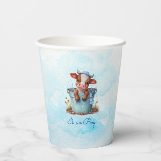 Niedliche Baby Kuh in Eimer Blue Baby Dusche Ihr J Pappbecher (Rückseite)