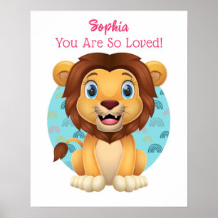 Niedliche Baby Lion Art, Name und Botschaft des Ki Poster